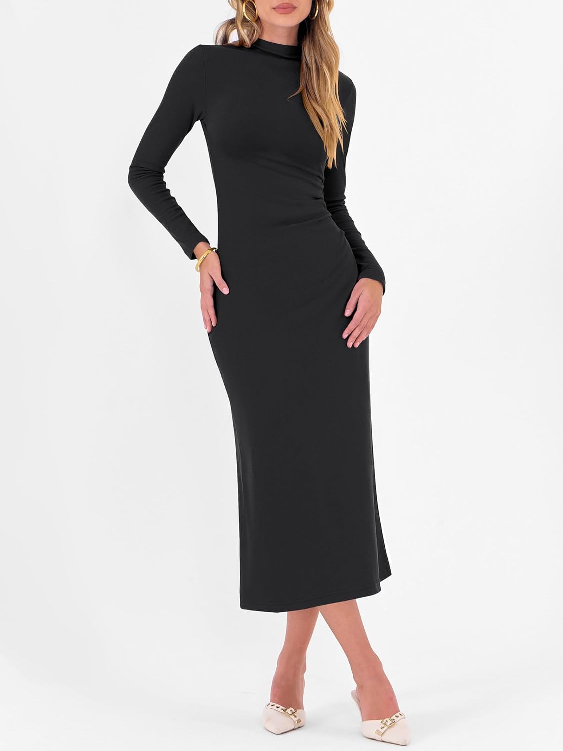 ANRABESS Women Long Sleeve Bodycon Dress Fall 2025 Mock Neck Formal Elegant Party Wedding Guest Cocktail Long Maxi Dresses - Image 8