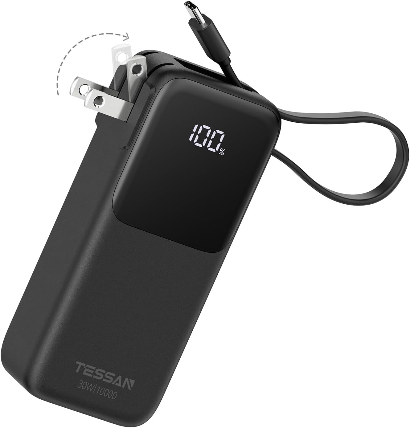 TESSAN Portable Charger Power Bank 10000mAh, 30W USB C Battery Pack Built in USB C Cable with Foldable Wall Plug, 3 in 1 Portable Phone Charger Compatible with iPhone 17/16/15 Series, Samsung, Travel