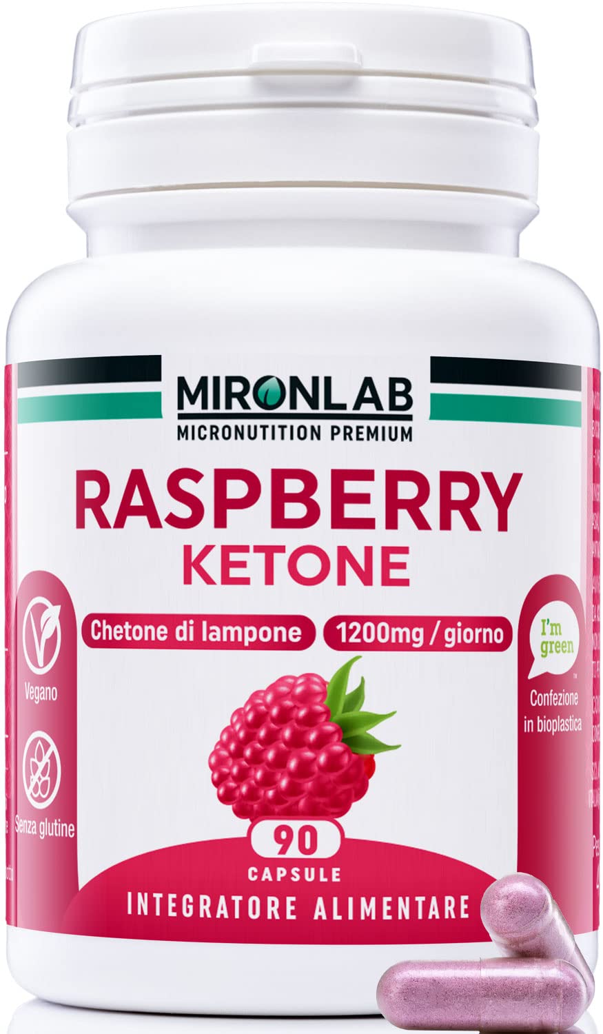 Raspberry Ketone Pure - Chetoni esogeni di lampone - Alto dosaggio : 1200mg Testato - Ideale per la gestione del peso - Maggiore efficienza con la fibra di acacia - 90 capsule - MIRONLAB