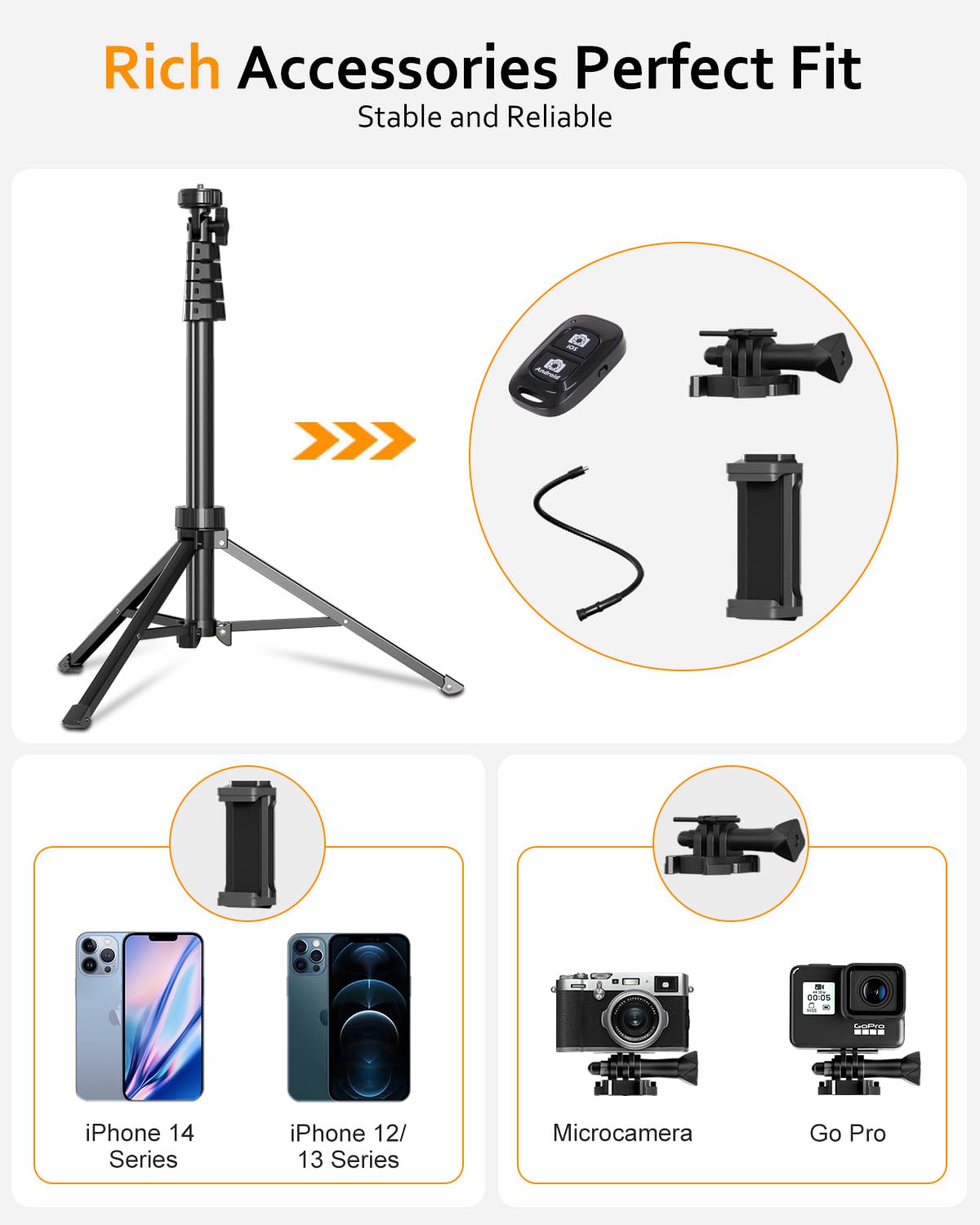 Aureday Supporto per cellulare da 88" per selfie con tubo flessibile da 14,95", telecomando Bluetooth e supporto per telefono cellulare, supporto per iPhone, telefoni Android e fotocamere