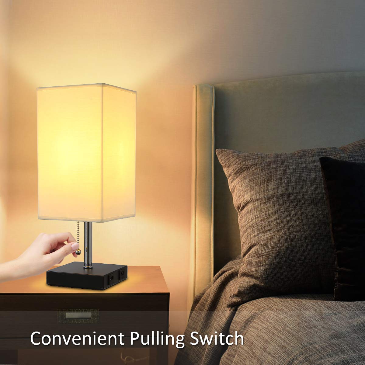 Tomshine USB Bedside Table Lamp with Pull Chain Switch Modern