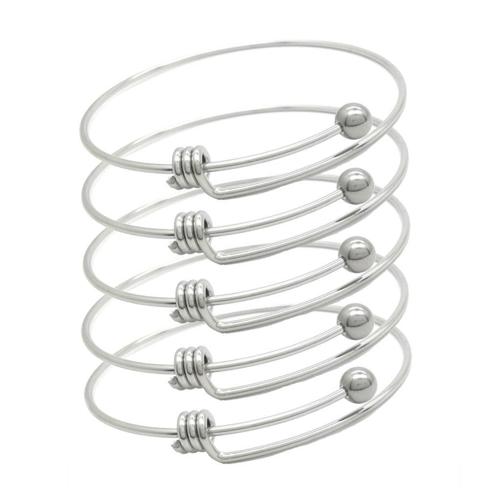50 pcs Ball Closure Stainless Steel Adjustable Wire Blank Bangle Bracelet 3 Loops Wrap 2.5 inches