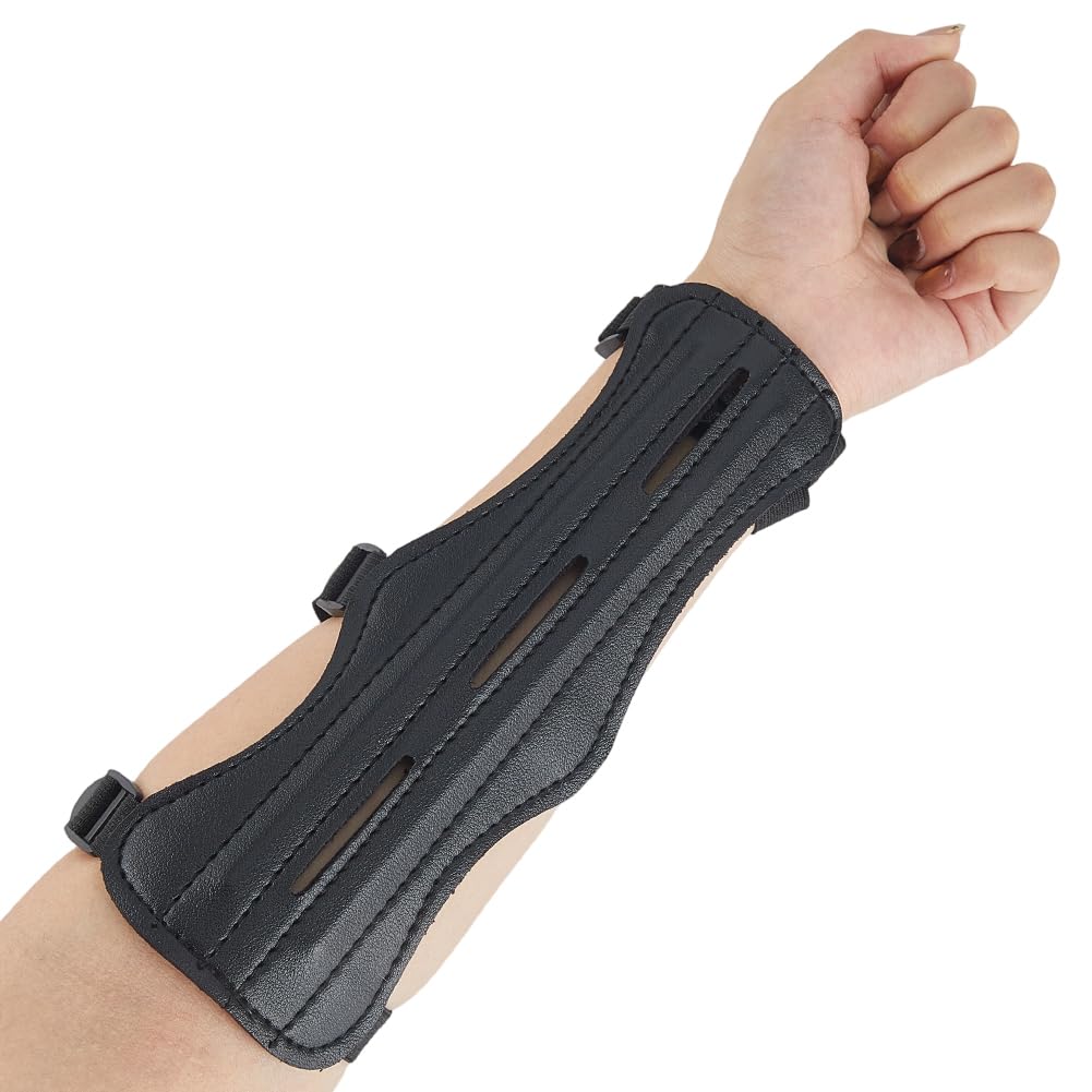 CALFOVERA 2Pcs Archery Arm Guard Black PU Leather Adjustable Bracer Bow Armguard Unisex Lightweight Archery Forearm Protector with 3 Straps Accessory for Archer Hunting Target Shooting Backyard