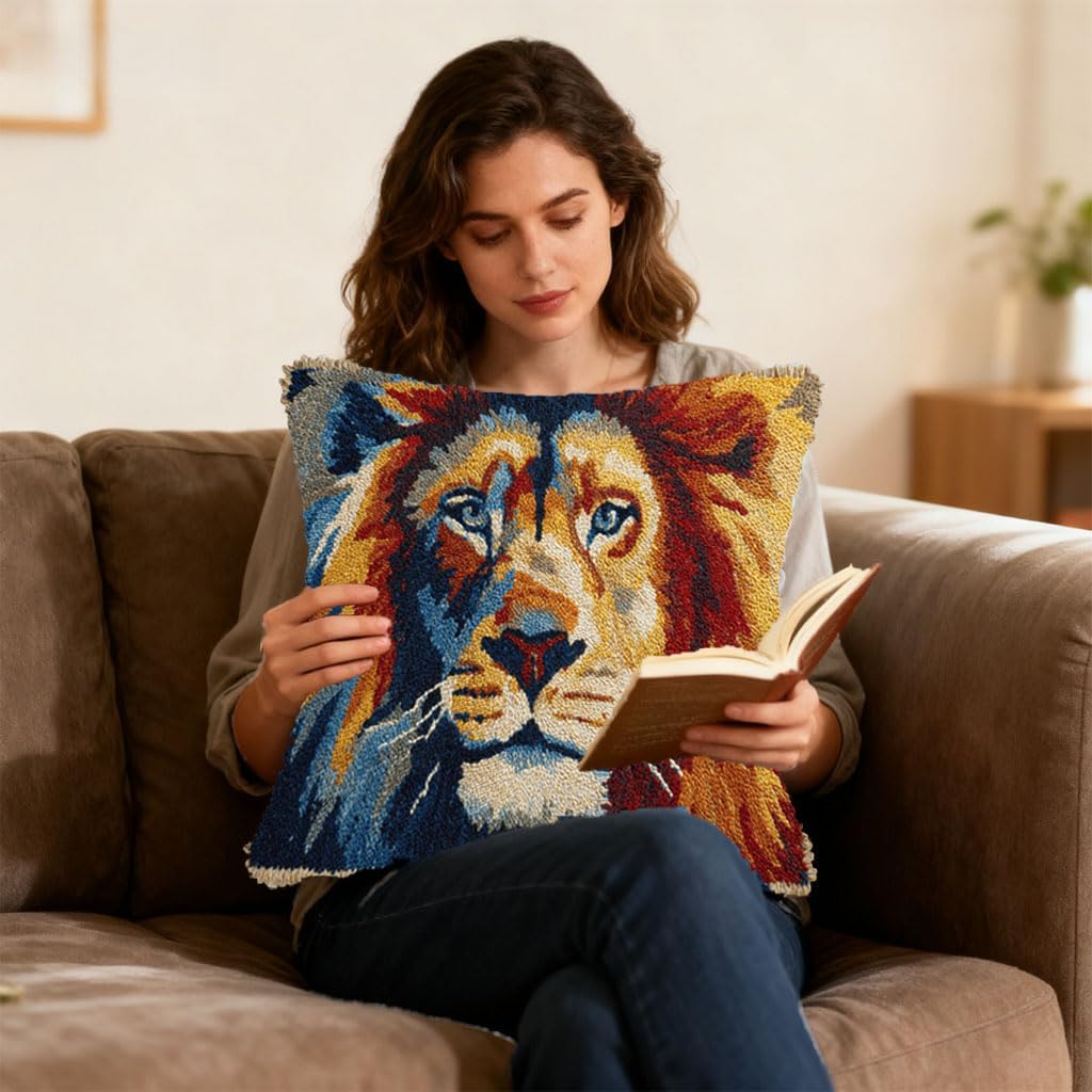 DIY Latch Hook Pillow Kit Lion Zodiac Easy for Beginners Stamped Cushion 43x43cm Sofa Bedroom Decor Craft-3
