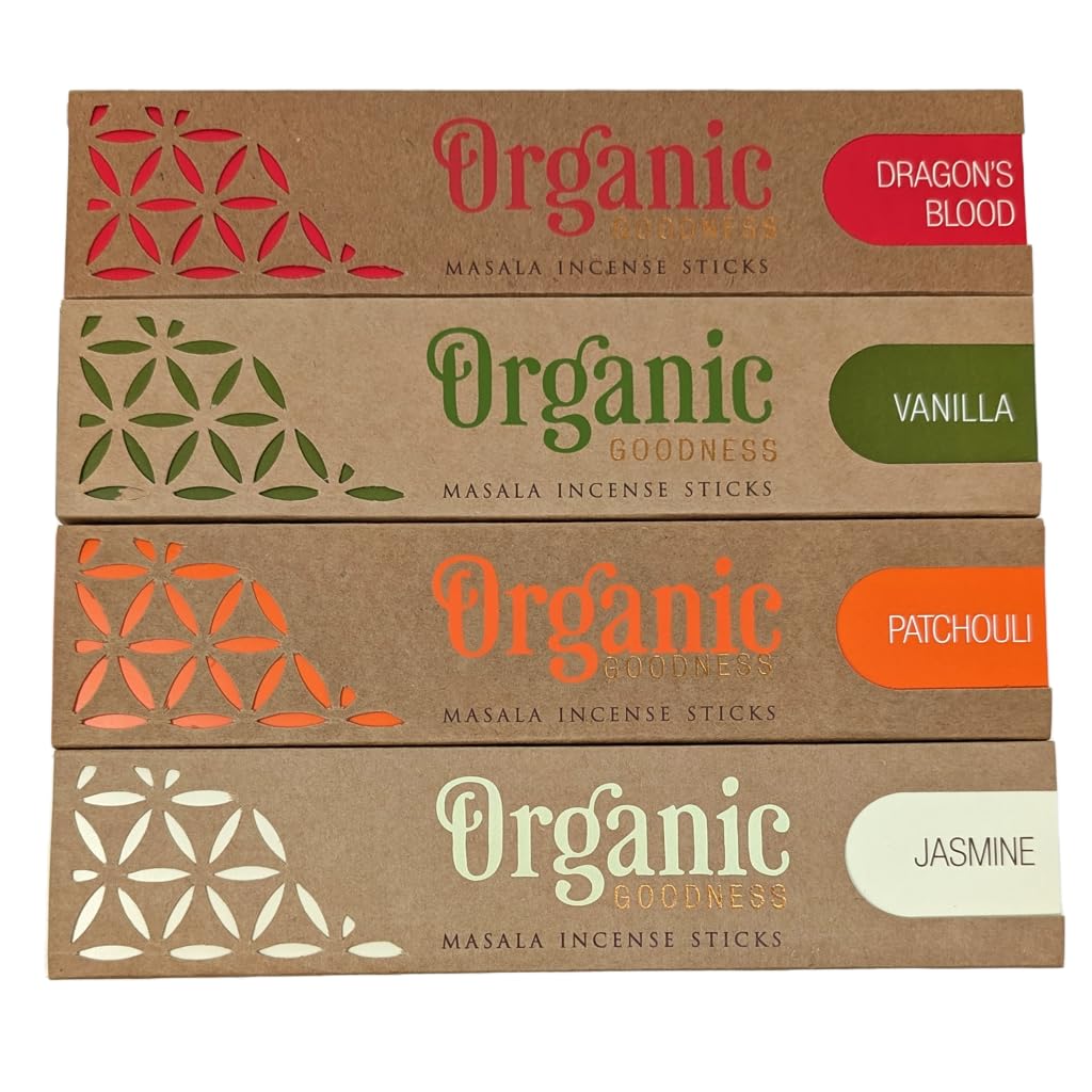 Organic Goodness Masala Incense Sticks Gift Set – 4 Fragrances: Vanilla, Jasmine, Dragon’s Blood & Patchouli with JROSE Wooden Burner | Handmade Natural Incense | Aromatherapy & Meditation OG2
