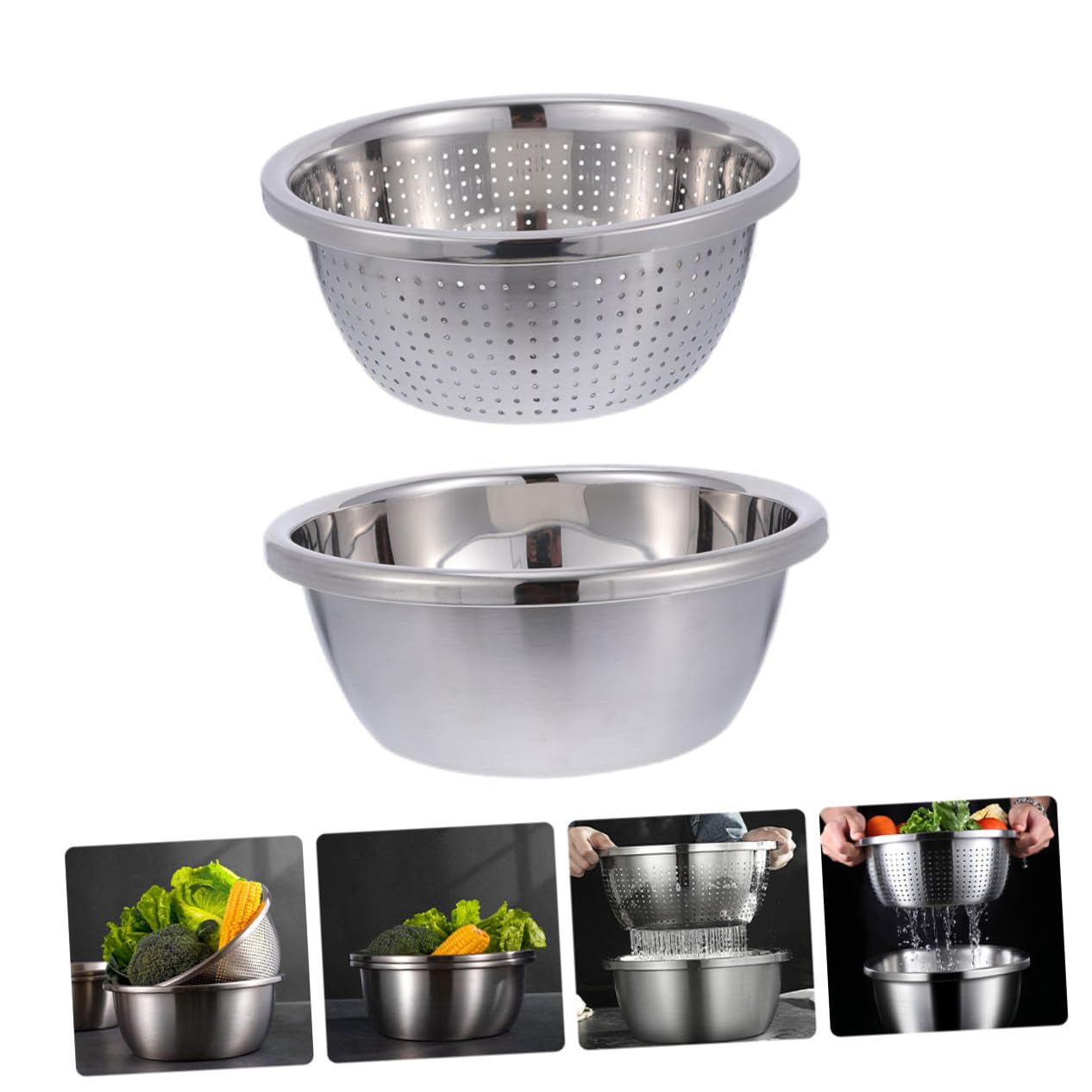 Colador Inoxidable de Acero Verduras Doble Capa | Plata, Malla Fina en Capa Interior, Portátil, para Lavar Fruta y Drenar Agua en Cocina o Camping