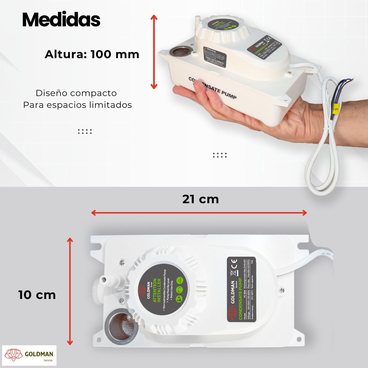 GOLDMAN SERVICE | Bomba de Condensado Automática Silenciosa para Drenaje y Desagüe de Agua de Aire Acondicionado | Flujo 80 Litros/Hora