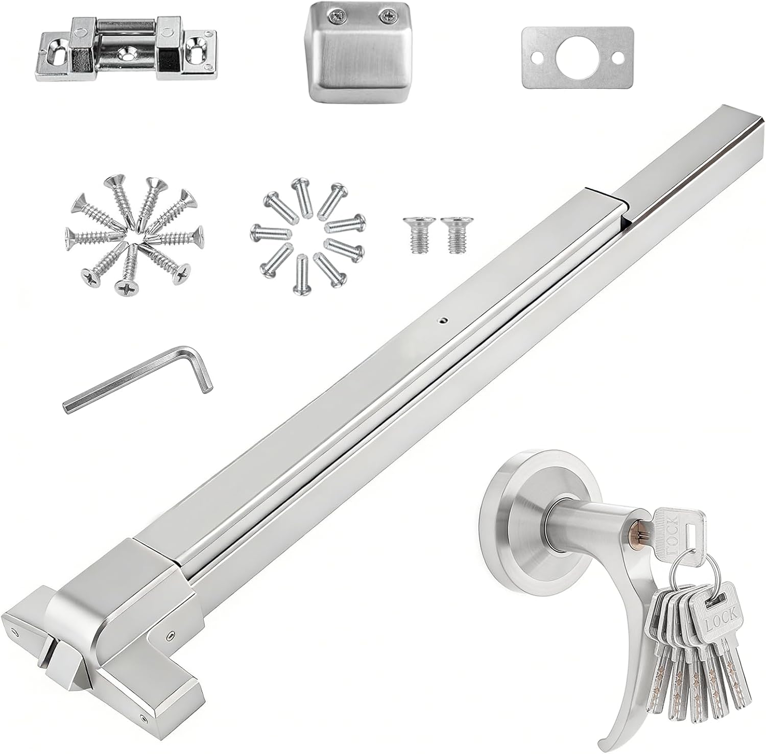 Push Bar Door Lock with 6 Keys, 31 Inch Emergency Exit Door Hardware with Handle, Aluminum Commercial Push Bar Panic Exit Device Fits 31"-47" Wood & Metal Doors, Left/Right Compatible