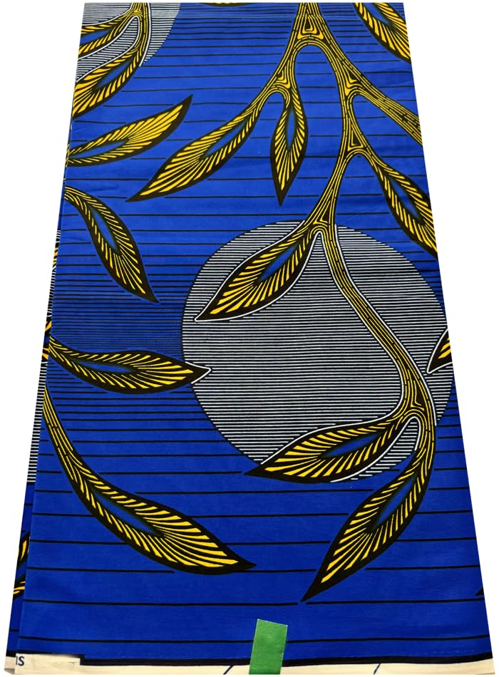 African Guaranteed Ankara Veritable Wrapper Wax Print- Moonlight Pattern- Blue,Black, White & Yellow-Gold- Sell by 6 Yards- for Men and Women