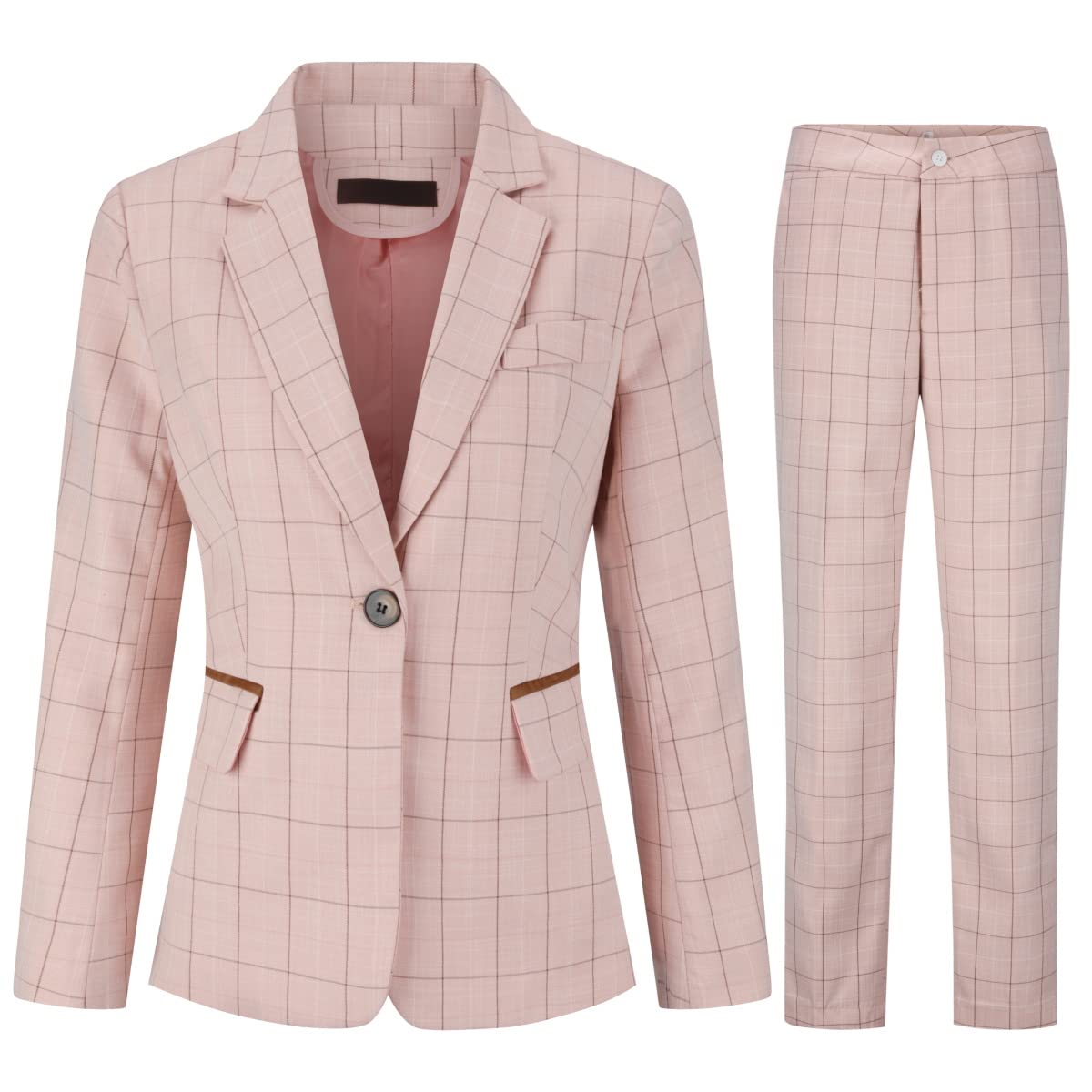 YUNCLOS Traje de 2 piezas a cuadros para mujer, manga larga, elegante, formal, oficina, un botón, blazer y pantalón
