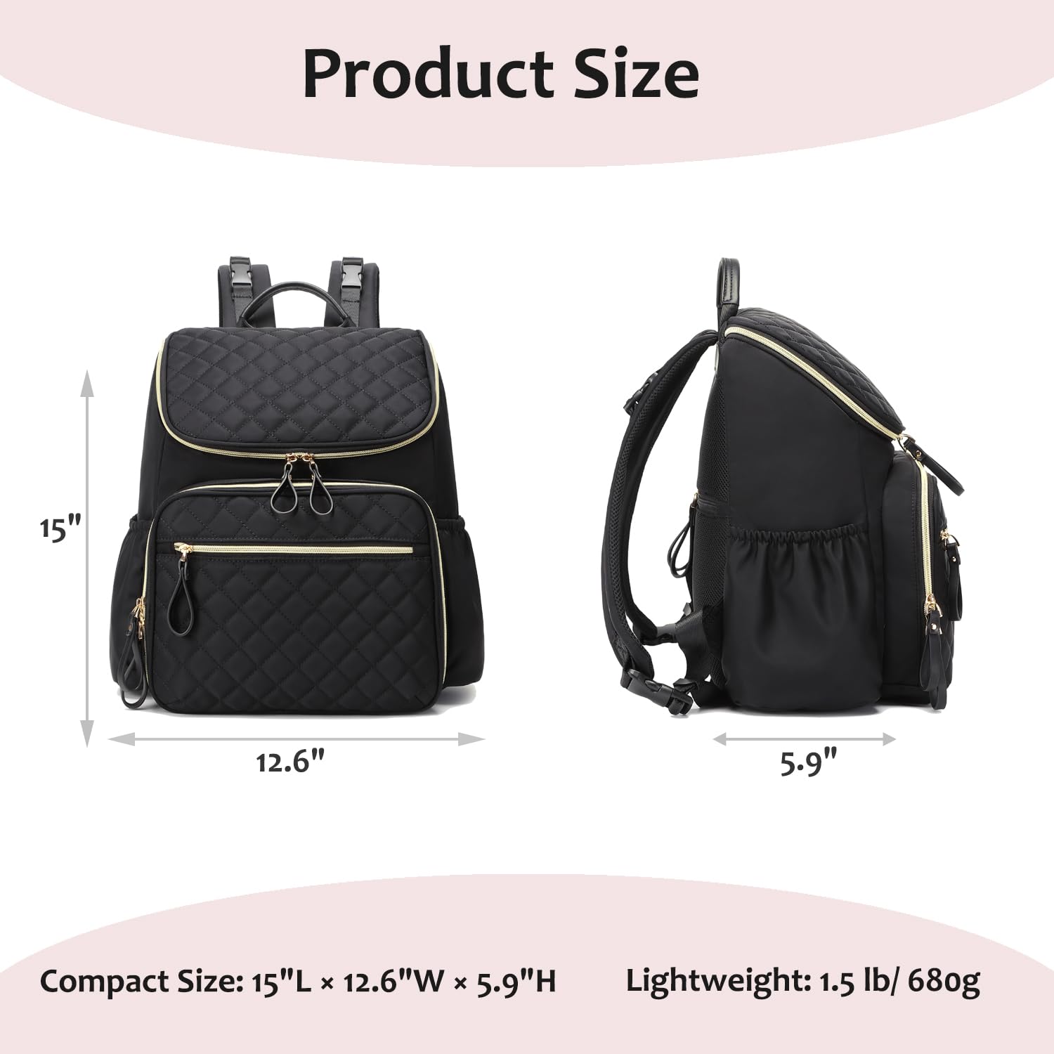 LORADI Large Capacity Diaper Bag Backpack with Storller Clips, Lightweight Water-Resistant Travel Backpack with Anti-Theft Pocket, Black-Gold