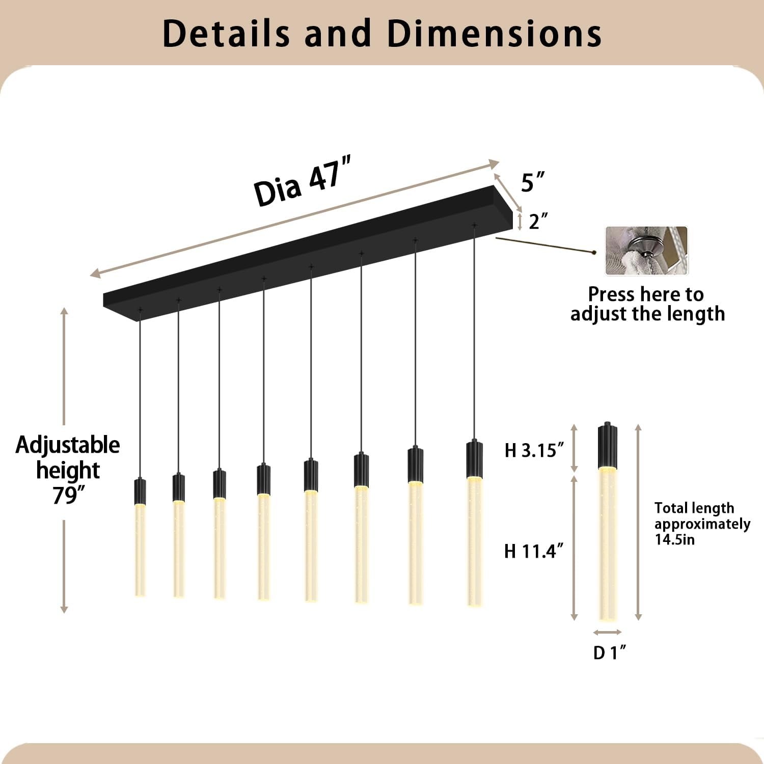 8-Light Black Rectangular Crystal Chandelier Modern LED Dimmable Crystal Column Pendant Lighting for High Ceiling Kitchen Island Entryway Living Room
