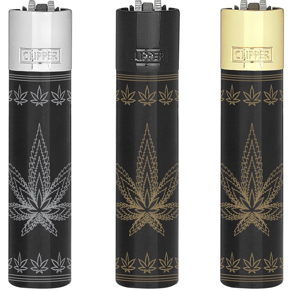 CLIPPER Metal Lighter - LEAVES SILHOUETTE - SILVER BLACK GOLD TOP Refillable Lighter LIMITED EDITION SET LIGHTER X 1 (SEND OUT RANDOM COLOUR) WITH FREE XMAS GIFT BLACK CASE POUCH