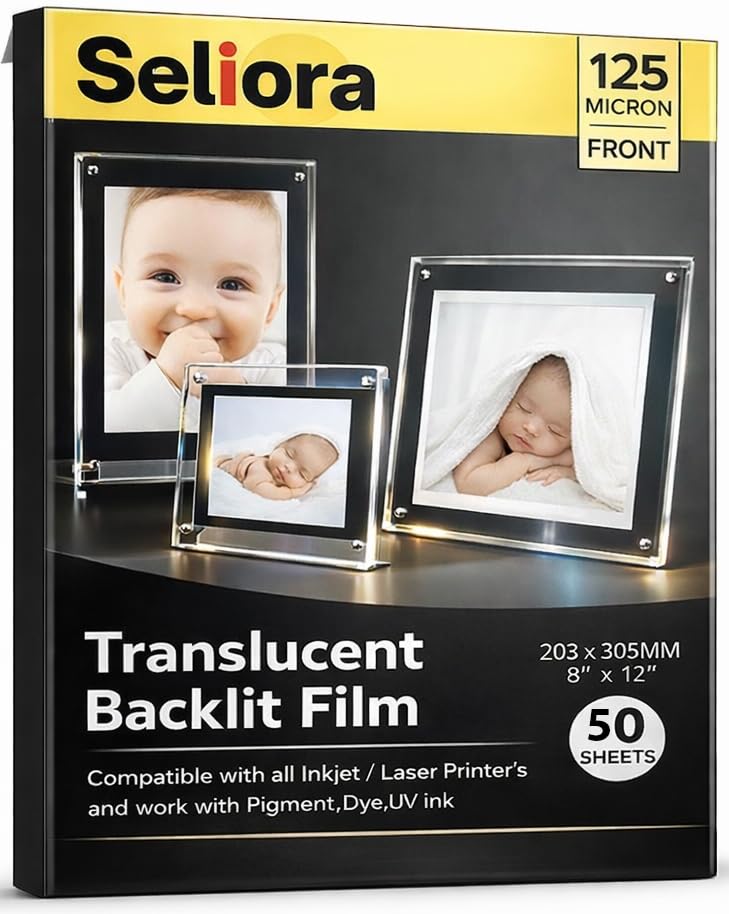 SELIORA Translucent Backlit Film 50 sheets of 8" x 12"/ Super Bright Backlight Film For Inkjet and Laser Copiers, Specialized for LED Lightbox | LED Window Displays | 125 Microns (50 Sheet)