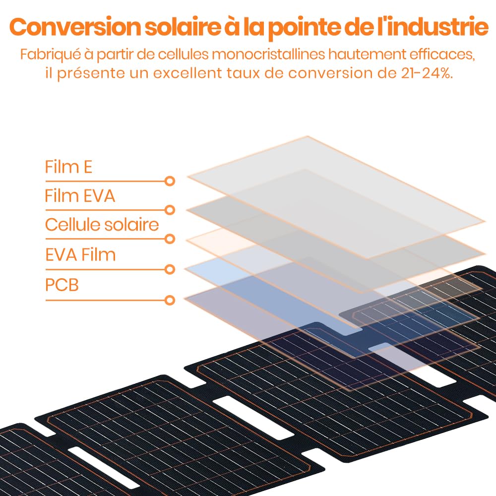 Panneau Solaire 60 W, FlexSolar Portable Chargeur Solaire PliableIP67 Imperméable à l'eau Alimentation d'urgence Camping pour Petit Générateur de Electrique, Téléphone, Alimentation Mobile, PC