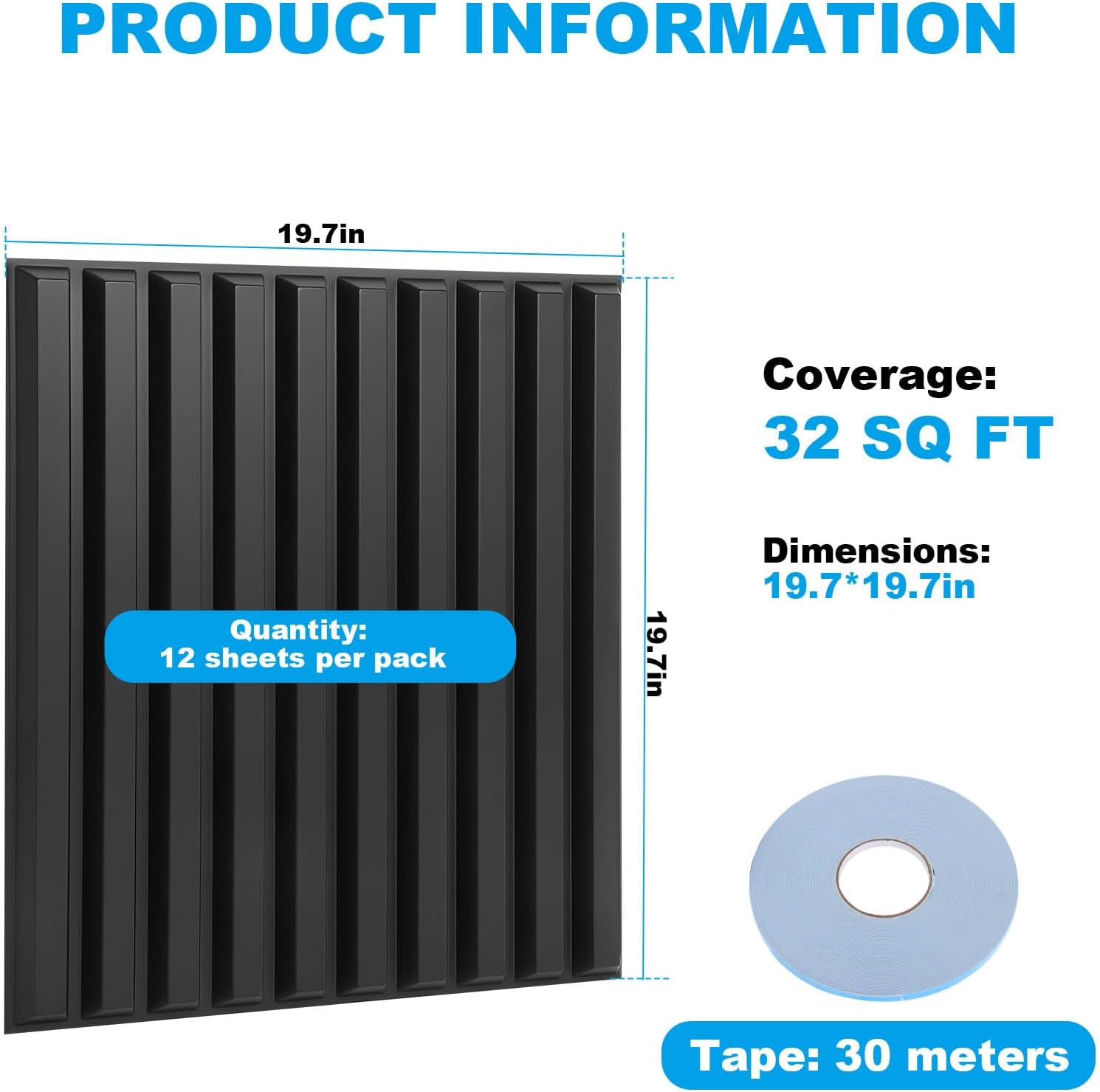 12 Pcs Strip 3D Wall Panels, PVC Decorative Fluted Textured Wall Paneling, Cuttable and Waterproof, Suitable for Indoor Wall Decoration:Living Room Bedroom Office with Tape, 19.7 x 19.7 Inches, Black