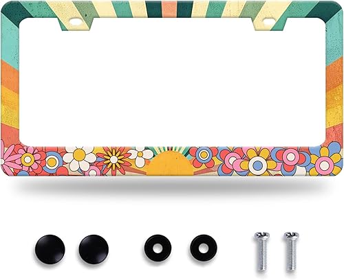 Marco de matrícula con diseño retro de arco iris, diseño de flores hippies, de acero inoxidable, colorido, accesorios para automóvil, decoración de
