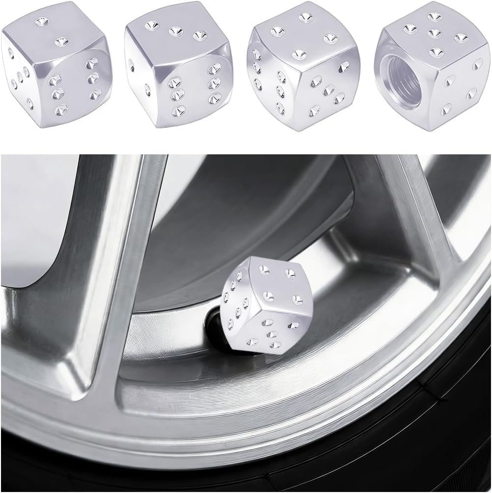 Bittwee 4PCS Dice Style Car Tire Valve Stem Caps, Aluminum Alloy Dustproof Vehicle Tyre Stem Cover, Anti-Rust Leakproof Auto Tire Air Cap, Universal for Motorcycle Bike Sedan (Silver)