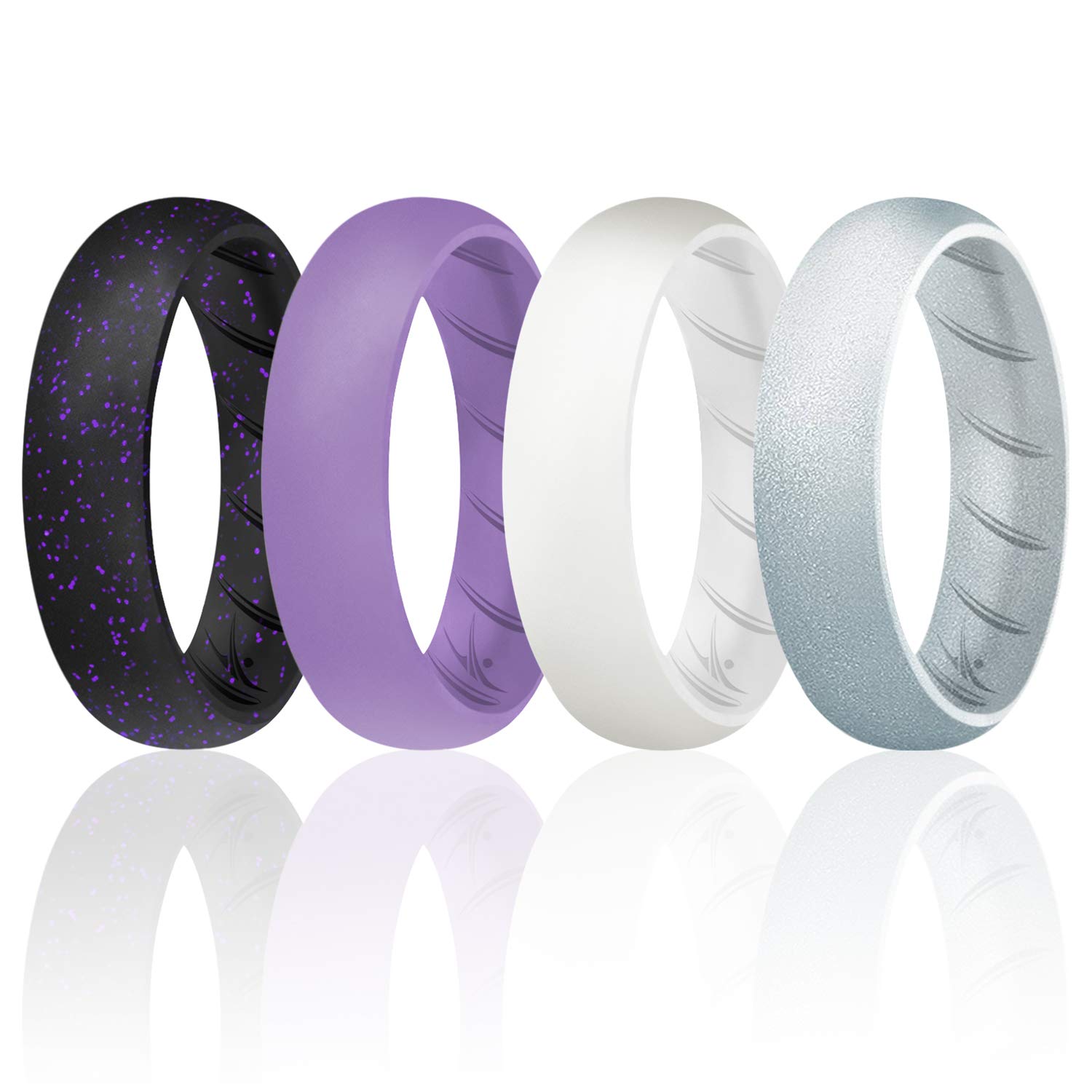 ROQ Silicone Rings for Women, Breathable Silicone Rings, Sets of 4 Bands, Unique Silicone Wedding Ring for Women, Medical Grade Silicone Rubber Band - Silver, Lavender, Black Colors - Size 4