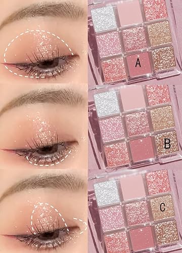 Miniatura 3 de Kayswang Paleta de sombra de ojos con purpurina de 9 colores, paleta de maquillaje mate de alto pigmento, color crema, sombra de ojos natural,