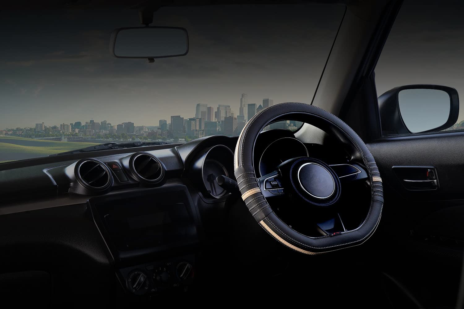 Soft X Premium Faux Leather Car Steering Wheel Cover | Flat Bottom (D Shape) Breathable Anti Slip Steering Cover for Untlimate Comfort & Style (Black-Beige) - Image 4 thumbnail