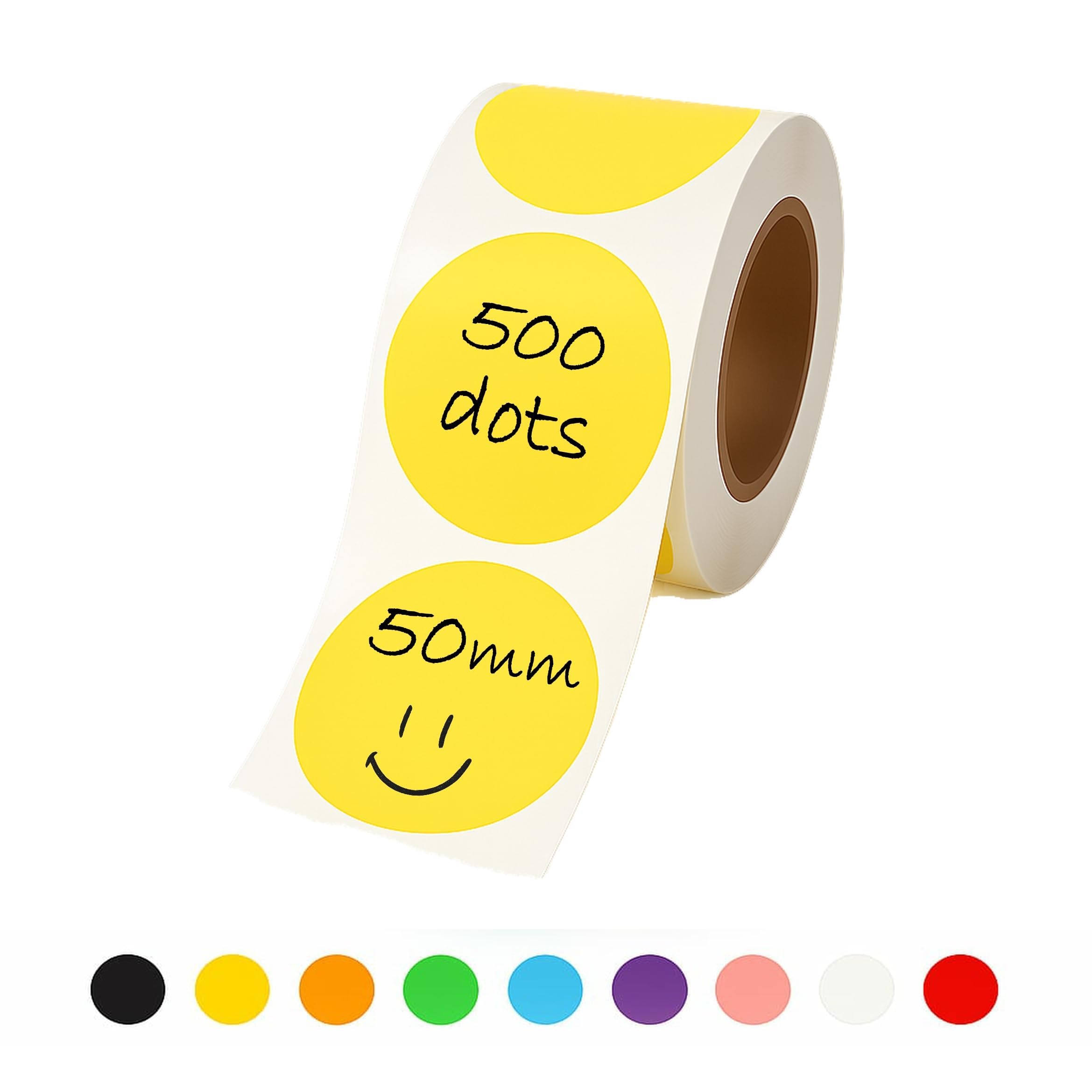 Rubigo 50mm Coloured Circle Stickers - 500 Round Stickers, 10 Colours, Writable, Durable Sticky Labels on a Roll for Moving House, Warehouse, Crafts. Semi Gloss (Yellow)