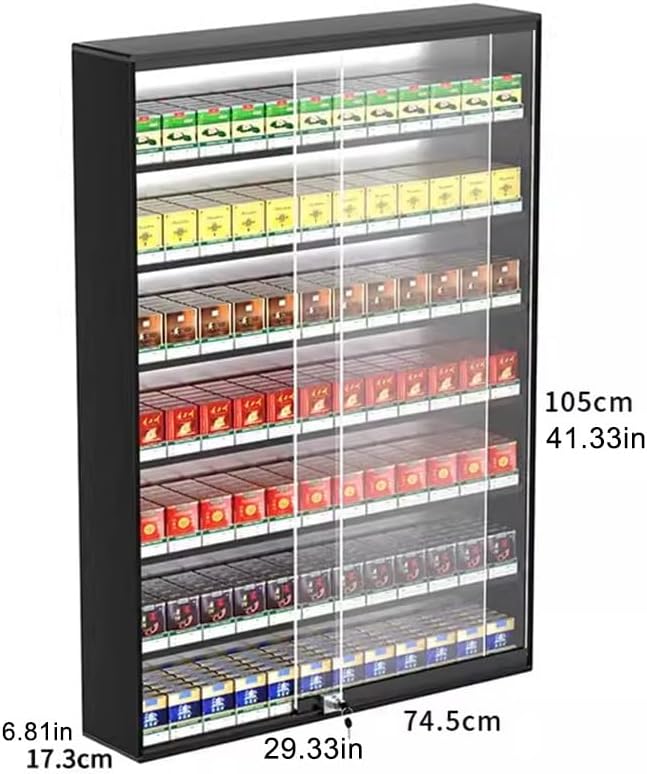GZHERVICES Cigarette Showcases Rack, Wall Mounted Cigarette Case Shelf, Cigarette Display Holder, Sliding Door with Lock Cigarette Display Cabinet, Automatic Cigarette Pusher(74.5x17.3x105cm)