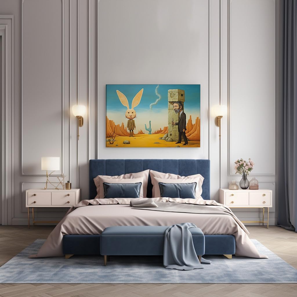 Canvas for Living Room. Mysteries in The Sands: The Encounter of The Rabbit-Headed Entity and The Scientist, 27 x 18 inch Canvas Wall Art - Flower Pattern - Modern Home Decor