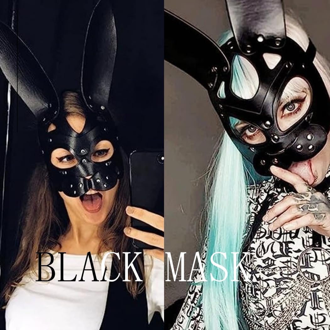 Leather Rabbit Masks Masquerade Mask for Women Bunny Masks Halloween Rabbit Face for Night Club Cocktail Cosplay Prom Rave Decorative (Black1) - Image 2