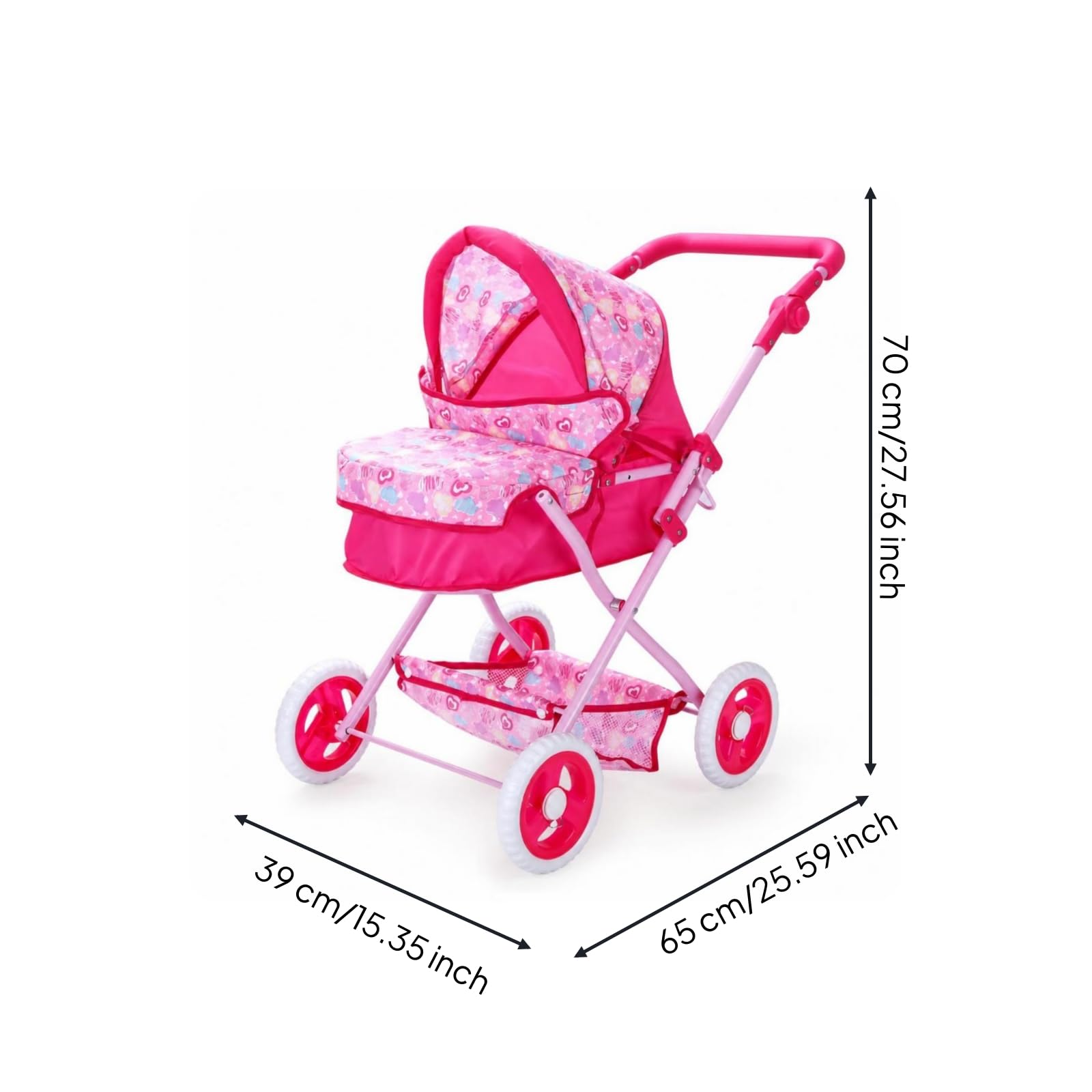 Puppenwagen mit Korb Stabil Spielzeug-Puppenwagen Platzsparend Puppenbuggy für, Zimmer, Großer Verdickter Eisenstange Kinderwagen Griffhöhe Verstellbar