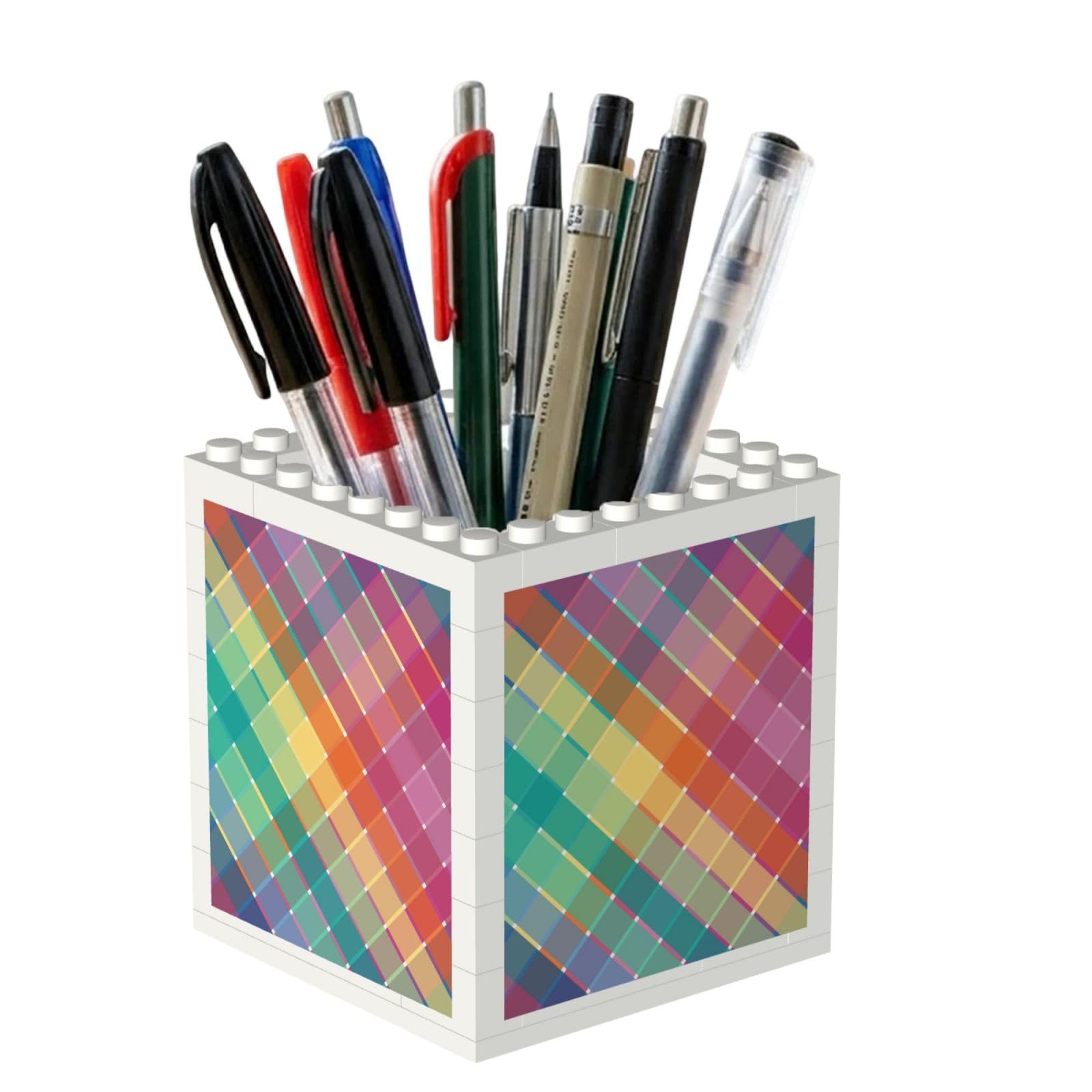 Poadnly Colorful Rainbow Multicolor Plaid Stripes, Pen Pot Pencil Holder for Office Home School, Compact Desk Organiser for Office Stationery