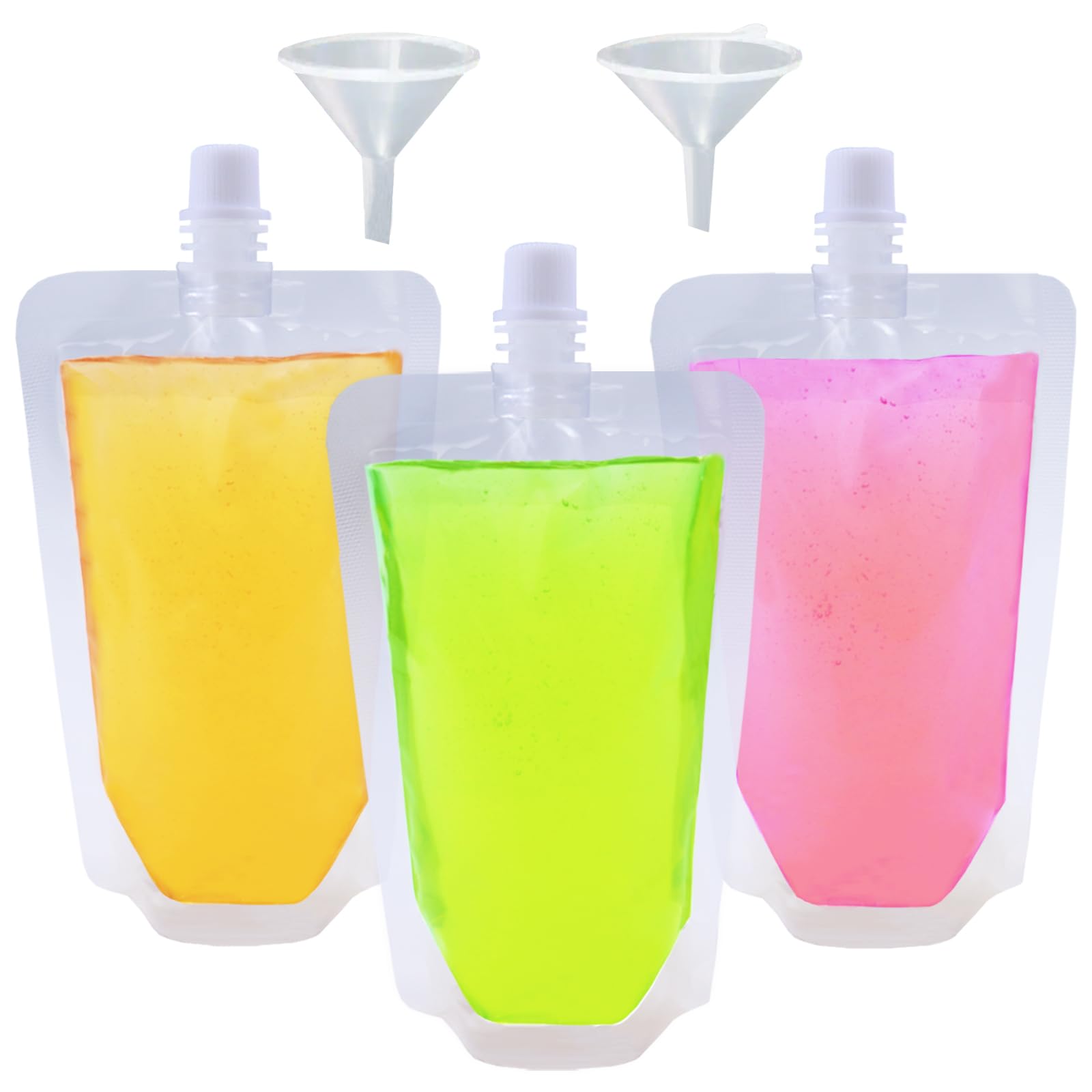 Yelinosk 20PCS Clear Drink Pouches 380ml with Caps and Funnel for Festivals,Leak Proof Alcohol Juice Liquid Pouches Bags, Beverage Bags, Plastic Hip Flask for Parties, Picnic, Travel, Sports