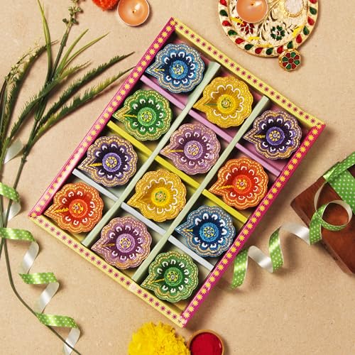 Handmade Terracoaat Set of 12 Multicolor Clay Diya for Diwali/Navratri Decorations Oil Lamp Diya Tea Light Holder Indian Decor Festival Gifts Puja Items-01DA (Multi)