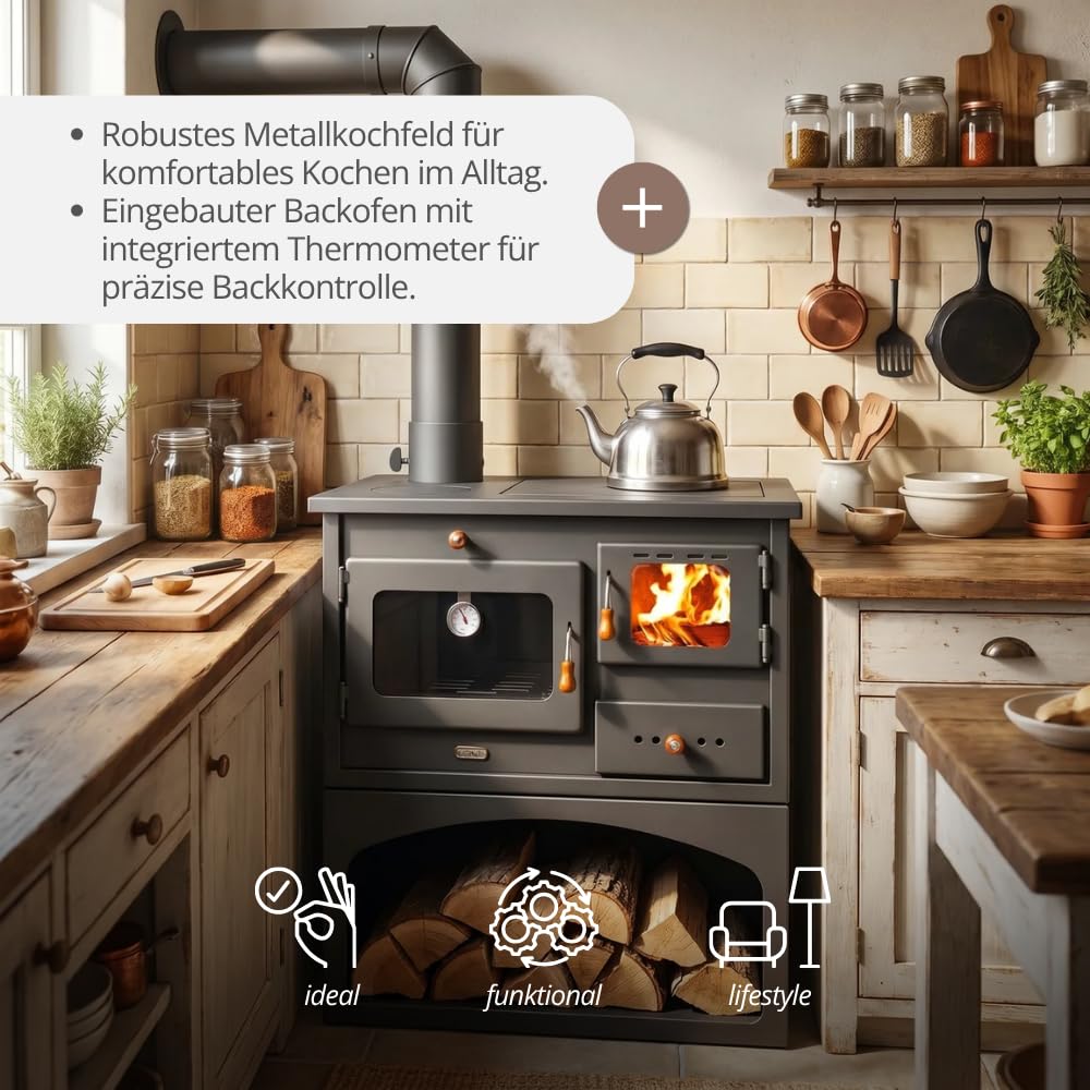 Prity 1P34 Holzofen mit Backofen, linksöffnend, Türscharnier links, Gusseisen-Oberseite, CE-zertifiziert, Festbrennstoffkocher