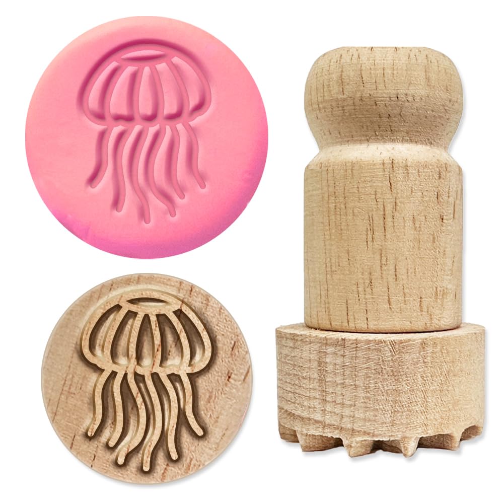 OLYCRAFT Wood Stamps with Handle 4.3x2.3cm Jellyfish Round Stamp Wooden Pottery Stamps for Card Making DIY Craft Letter Diary and Scrapbooking