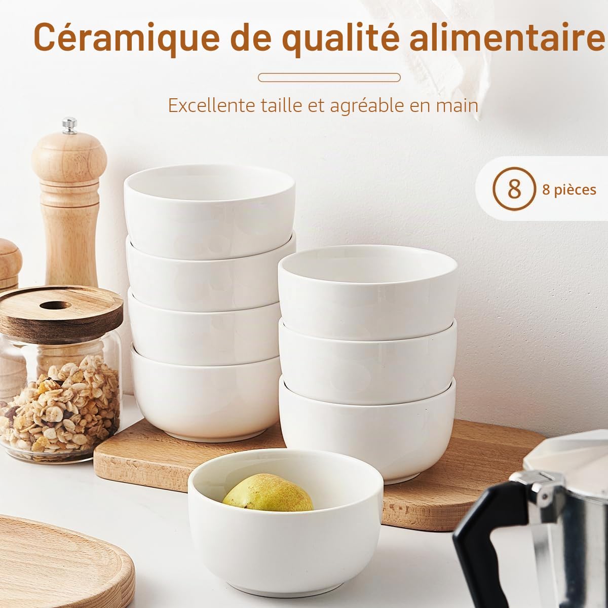 Jassceram Lot de 8 petits Bols à Céréales en Céramique de 350 ml pour Dessert, Crème glacée, Collation, Soupe, passent au Lave-vaisselle, au Micro-ondes et au Four, 11,4 cm, Blanc