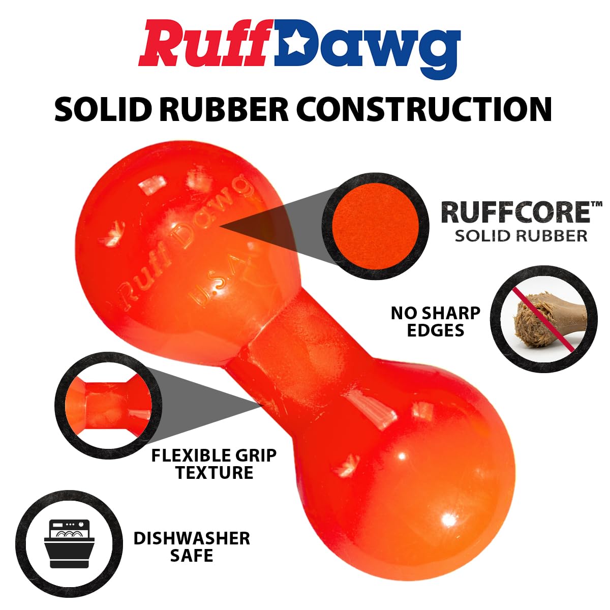 Ruff Dawg Big Dawg Barbell Medium Yellow – Jouet à mâcher robuste en caoutchouc solide pour chiens de petite et moyenne taille de moins de 18 kg – Flotte et rebondit – Fabriqué aux États-Unis