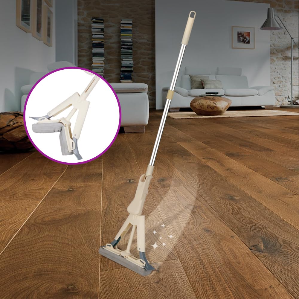 Mopa Giratoria 360 Ideal para Limpiar Suelos, Paredes, Techos, Muebles y Ventanas. Llega a Cualquier Rincón, Esponja, Función Autoescurrido, Color Beige, Limpia en Seco y Húmedo