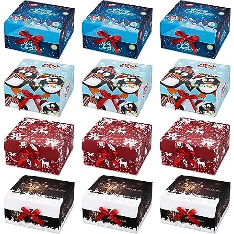 ARTLYMERS Christmas Gift Boxes with Lids, 12 Pack Gift Boxes and Red Ribbon Christmas Themed Pattern Small Gift Boxes for Christmas Presents Gifts Easy Assemble Cover