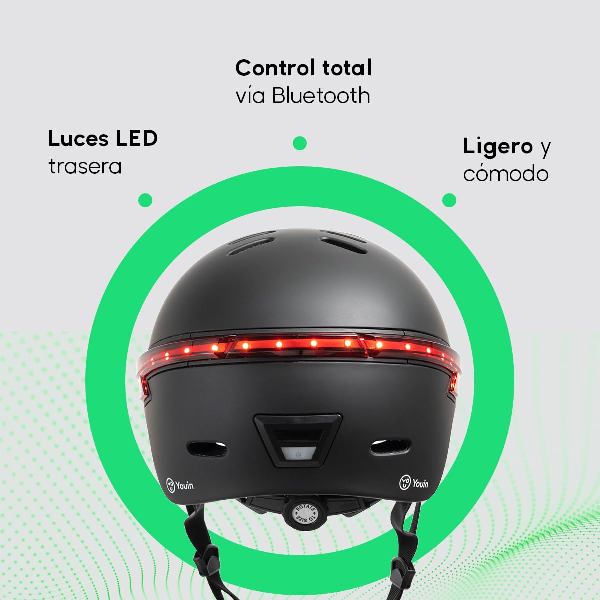 YOUIN MA1015B Casco Inteligente LED para Patinete y Bicicleta Bluetooth con Mando Remoto para Luces Intermitentes, batería Recargable USB Norma Seguridad EN1078 Talla L (58cm a 61cm)