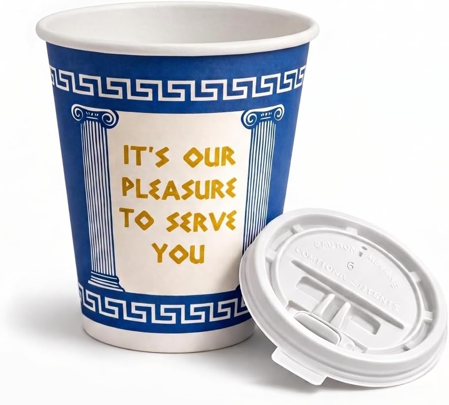 10 oz Disposable Coffee Cups with Tear-Back Sip Lids– 50 Cups + 50 Lids (100 Piece Set) – New York Diner Style Greek Design Paper Coffee Cups, To Go Hot Cups – Secure Lid Fit, Leak Resistant image 5