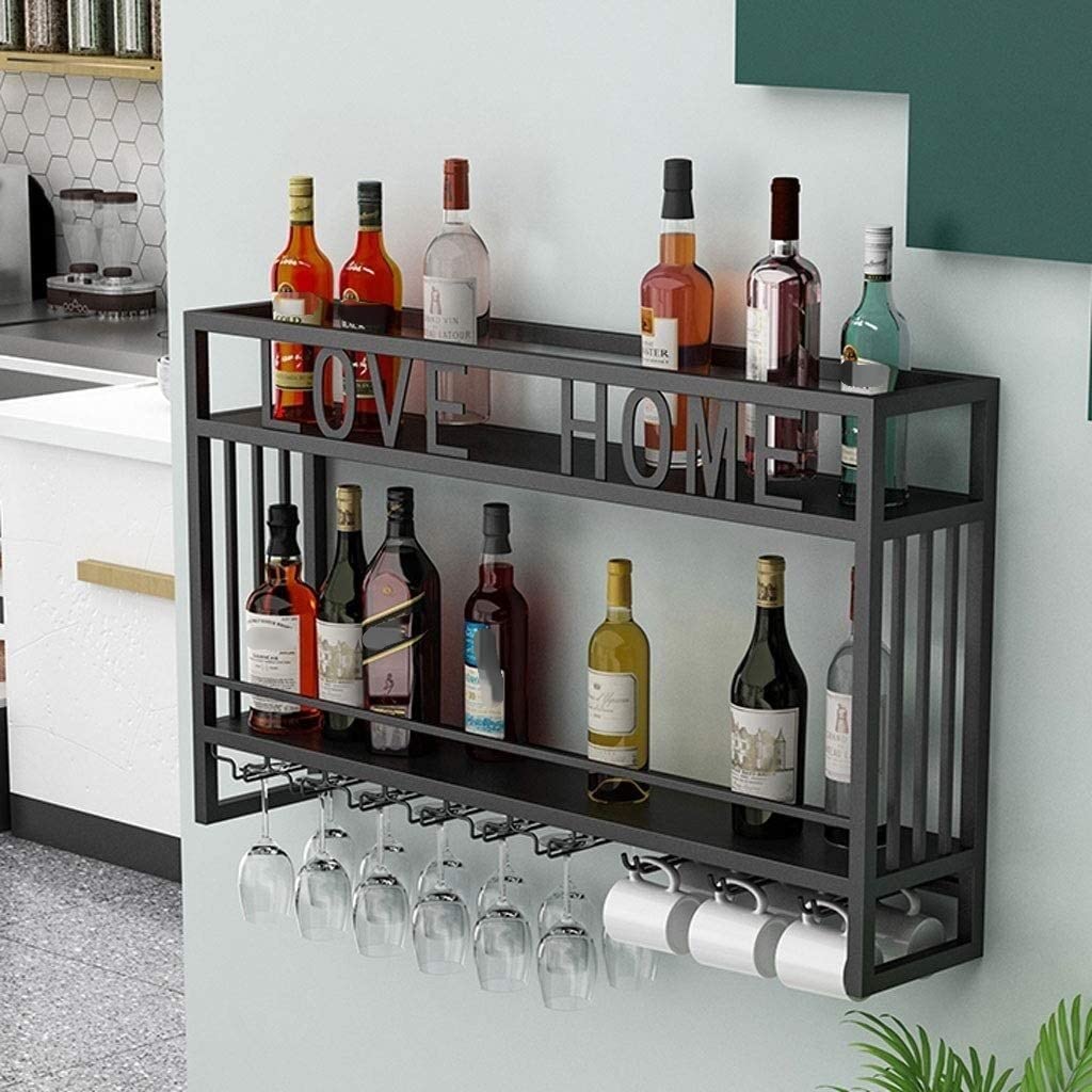 Porta Bottiglie Di Vino Portabottiglie A 2 Livelli Con Supporto In Vetro Per Calici, Portabottiglie Da Appendere In Metallo Industriale A Parete Per La Casa Portabottiglie Porta Vino(A-Gold)