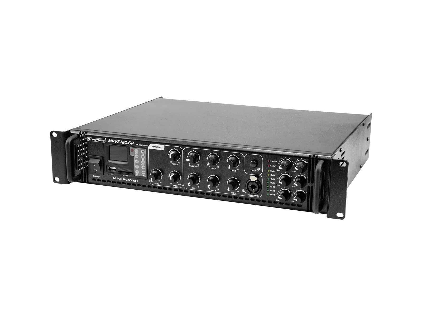 OMNITRONIC MPVZ-120.6P Mischverstärker | 6-Zonen-ELA-Mono-Mischverstärker, MP3-Player & IR-FB, Zonen regelbar, 120 W