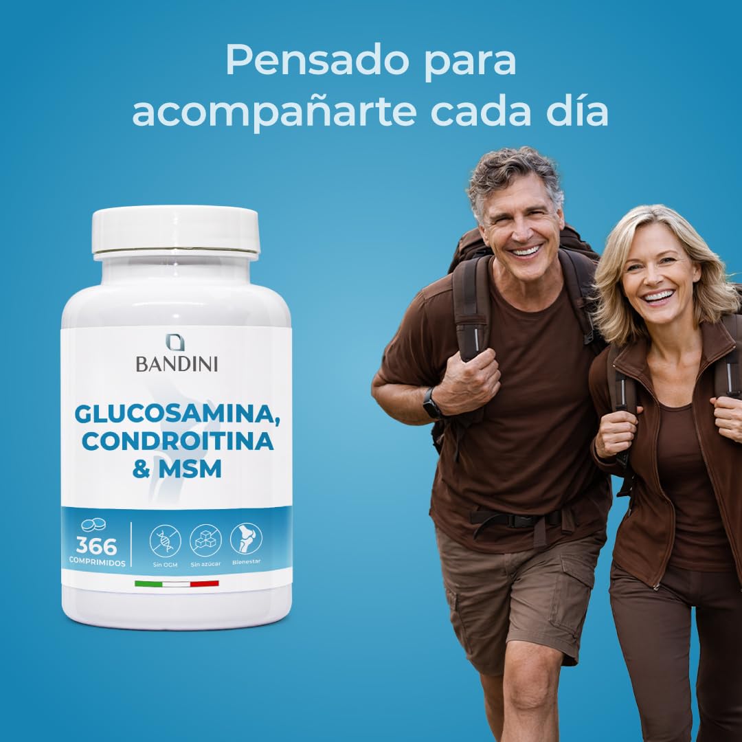 Bandini® Glucosamina Condroitina MSM y Vitamina C 366 Comprimidos | Para articulaciones y cartílagos | Complejo con 600 mg de glucosamina, 100 mg de condroitina y MSM por dosis | 6 meses de suministro