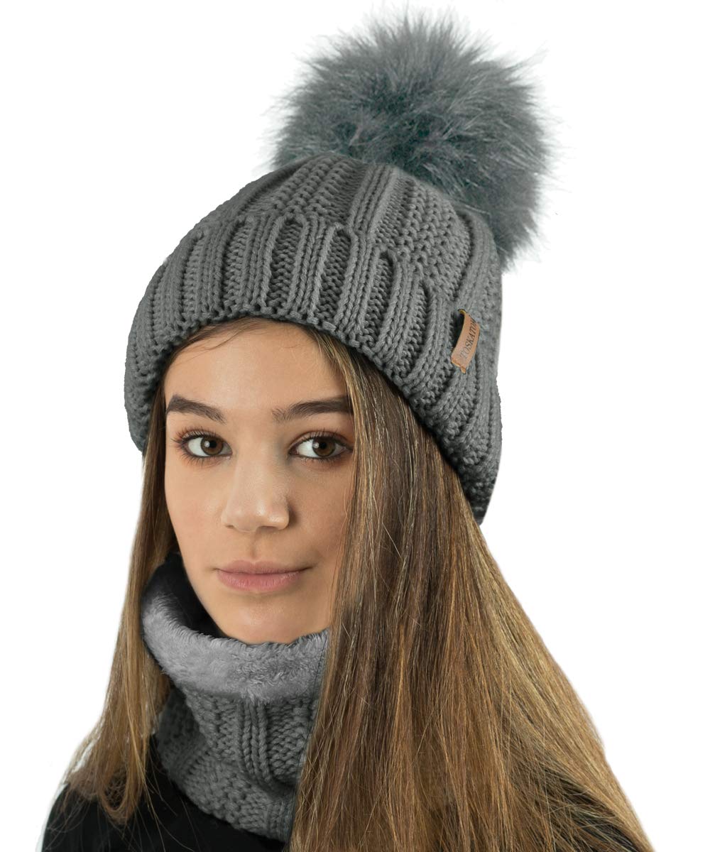 TOSKATOK Ladies Womens Winter Rib Seed Stitch Beanie Bobble Hat with Warm Cosy Fleece Liner & Large Faux Fur Pom Pom - Grey Set