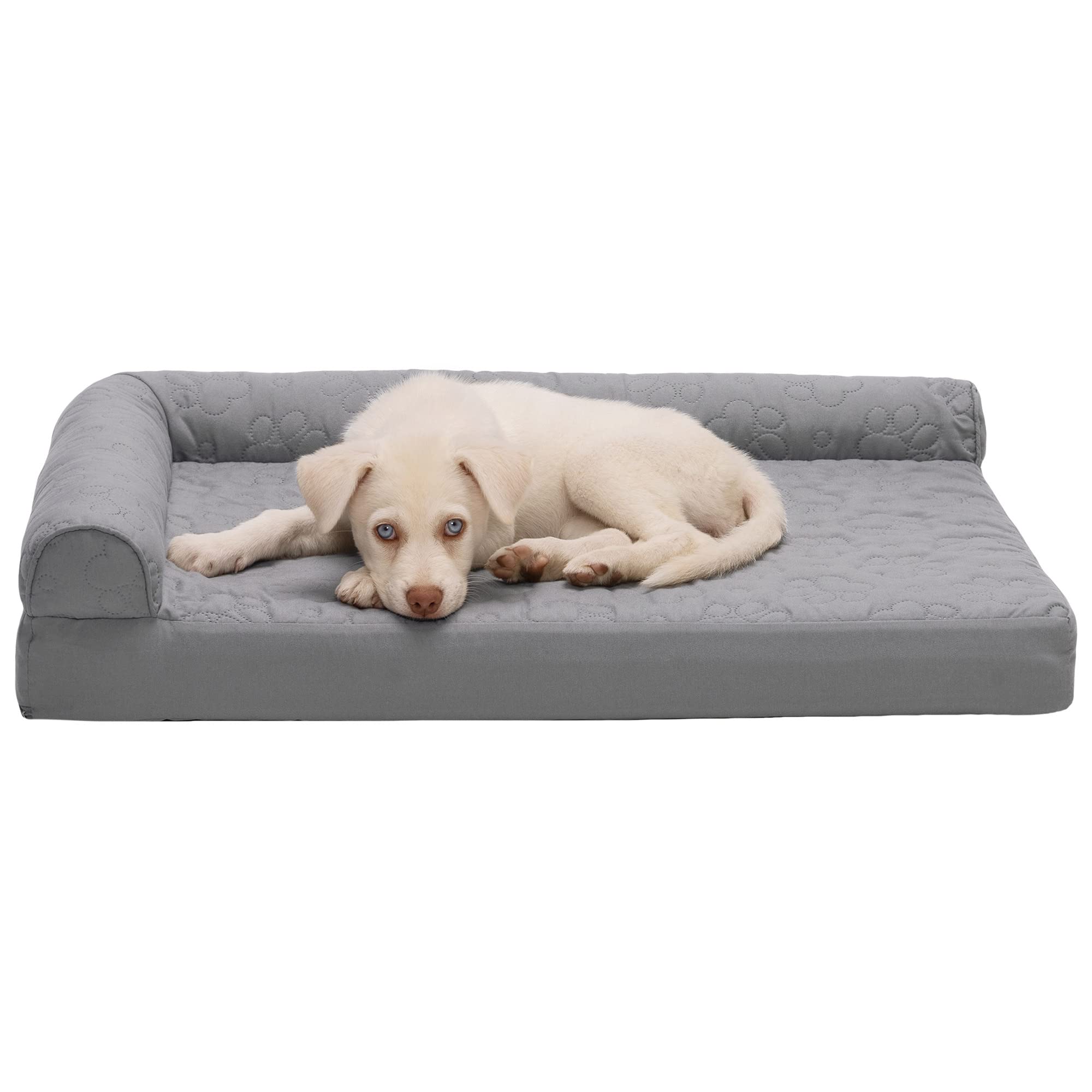 Furhaven Medium Memory Foam Dog Bed Pinsonic Quilted Paw L Shaped Chaise w/Removable Washable Cover - Titanium, Medium