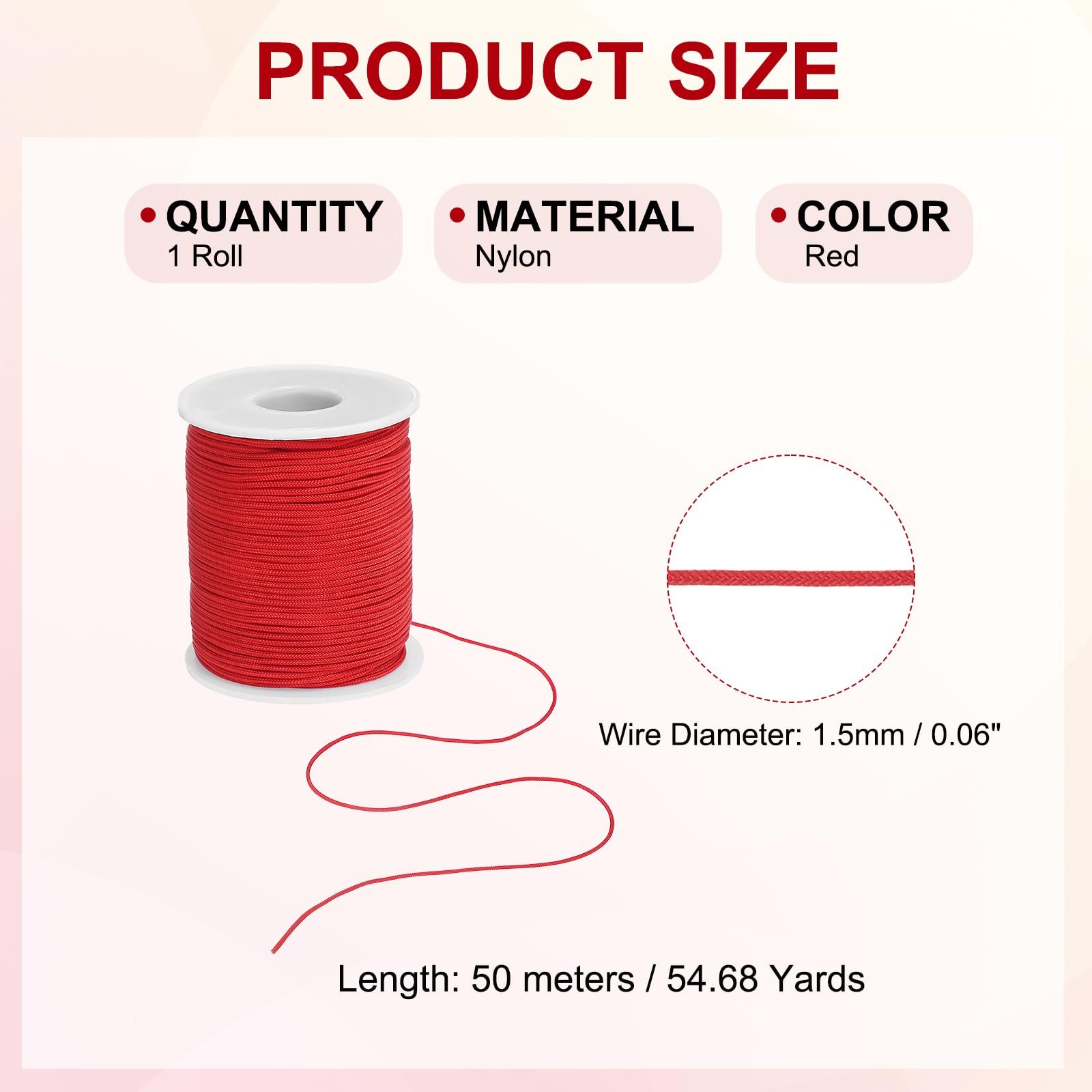 PATIKIL Cordino In Nylon Intrecciato Rosso, Diametro 1,5 Mm, Lunghezza 50 Metri, Per Braccialetti, Collane, Macramè E Progetti Fai Da Te