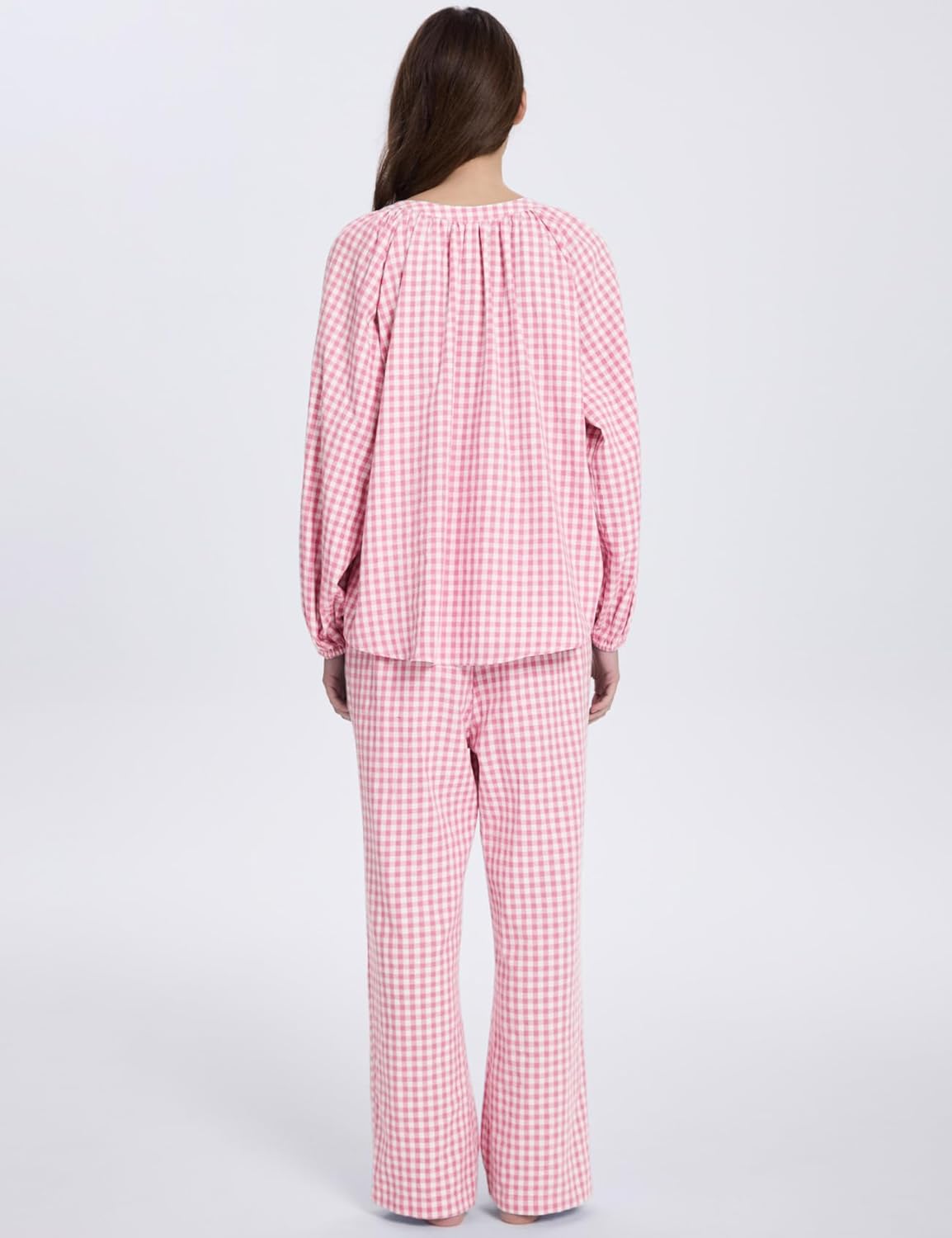 COZYPOIN Womens Gingham Pajama Set 2 Piece Cotton Plaid Button Down Puff Sleeve Shirt and Pants Lounge Set Cute Sleepwear - Image 4