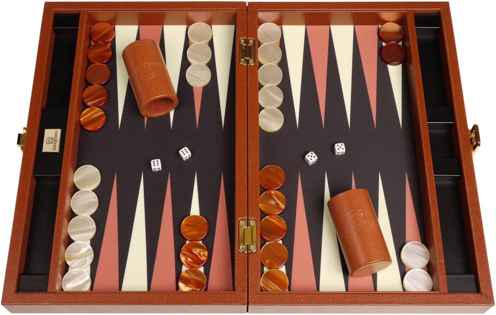 Zaza & Sacci Backgammon Board Game Set - (16" Leather/Microfiber Case) - Brown