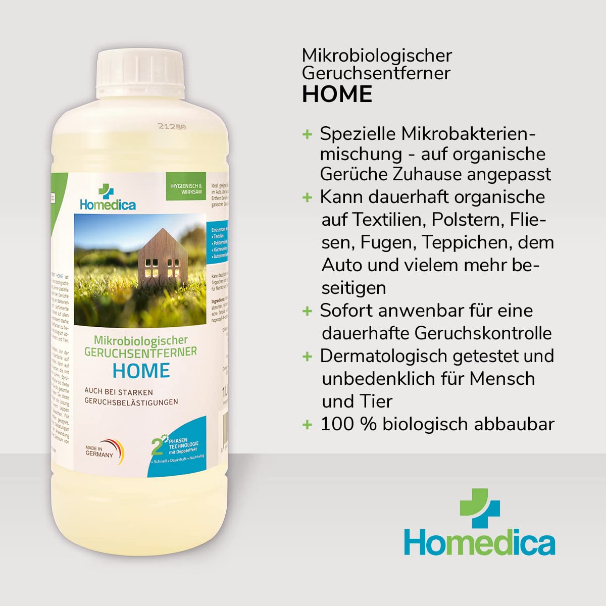 Geruchsentferner Home 1L - Vegan & Made in Germany - Mikrobiologischer Enzymreiniger für Textilien, Polstern & Tierfellen - gegen unangenehme Gerüche